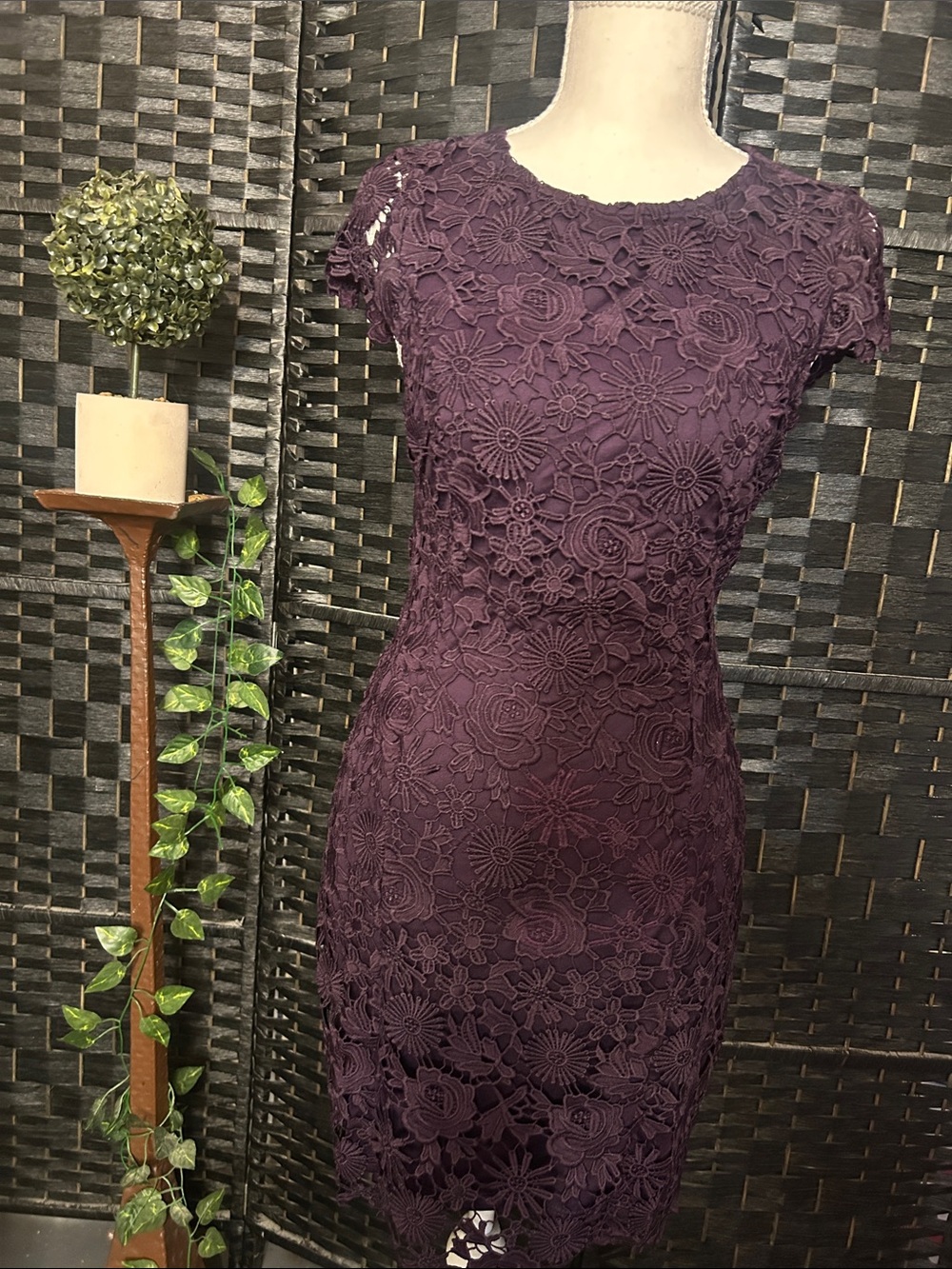 Just Me Plum Floral Lace Sheath Dress
